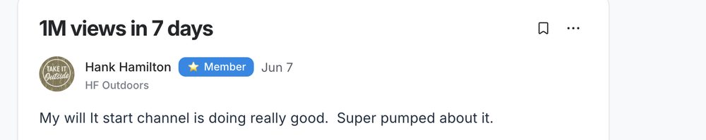 Hank, posted inside the community: 1M views in 7 days.